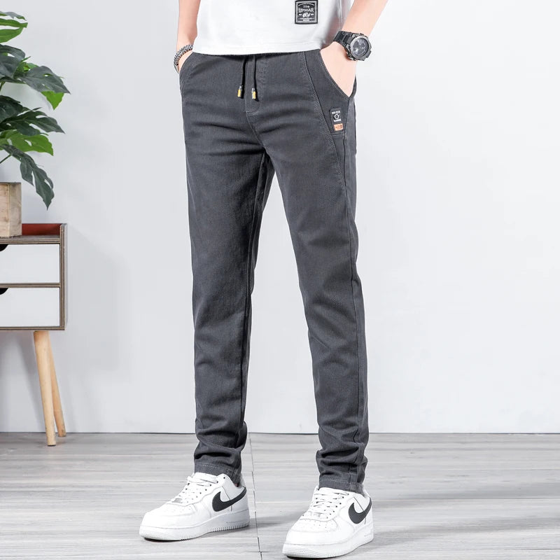 Spring Summer Men Casual Pants Elastic Waist Design Straight Slim Trousers Korean Trendy Stretch Male Pants Brand Clothing