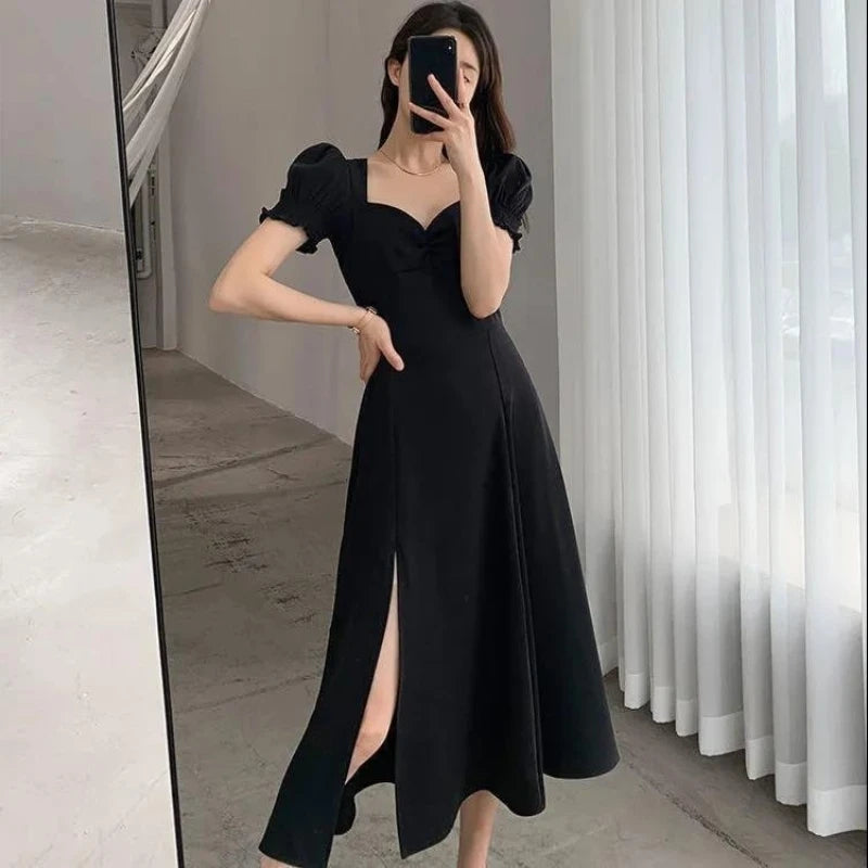 Solid Puff Short-Sleeved Elegant Slit Dress New Fashion Women V-neck Full Dresses Ladies High Waist Slim Evening Party Vestidos