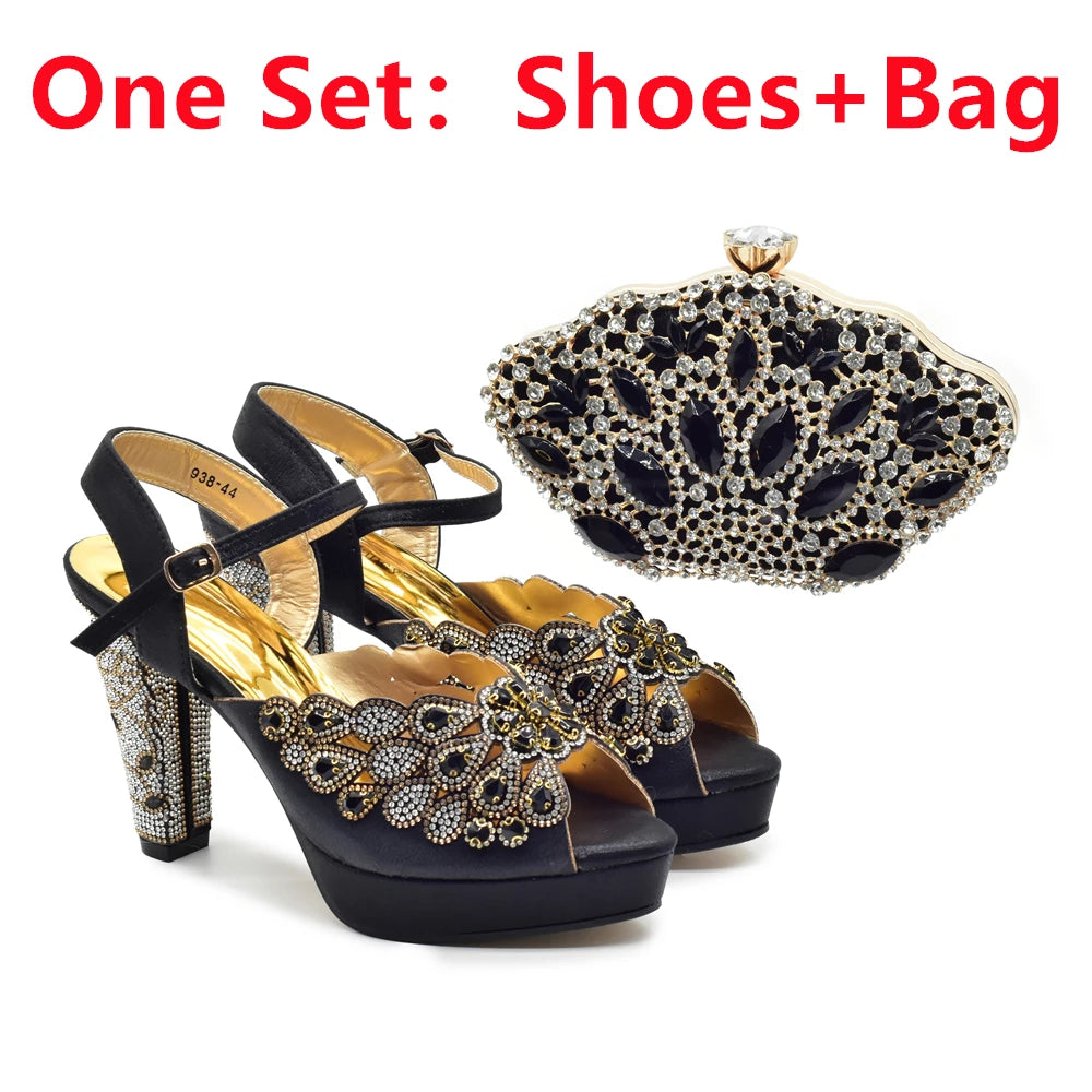 Peep Toe Thin Heels Shoes Matching Bag Set for Party