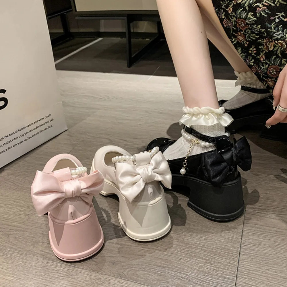 Pink Beaded Mary Jane Shoes Women's High-heeled Shoes Spring Autumn Wear Round Toe Shallow Sakura Pink Jk Uniform Platform Shpes