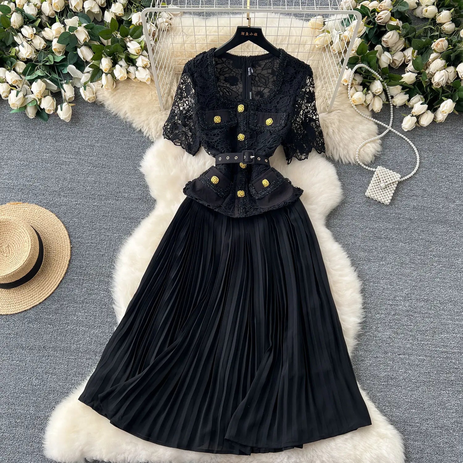 Designer Summer Pleated Chiffon Lace Long Dress