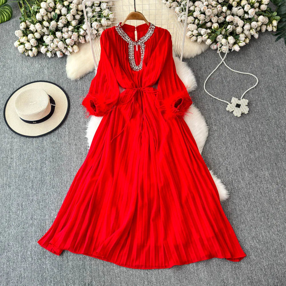 Crystal Loose Full Sleeve Maxi Pleated Chiffon Dress For Women
