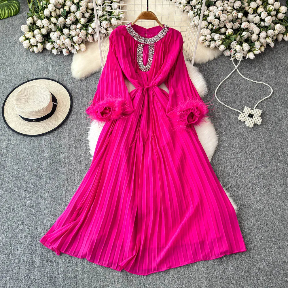 Crystal Loose Full Sleeve Maxi Pleated Chiffon Dress For Women