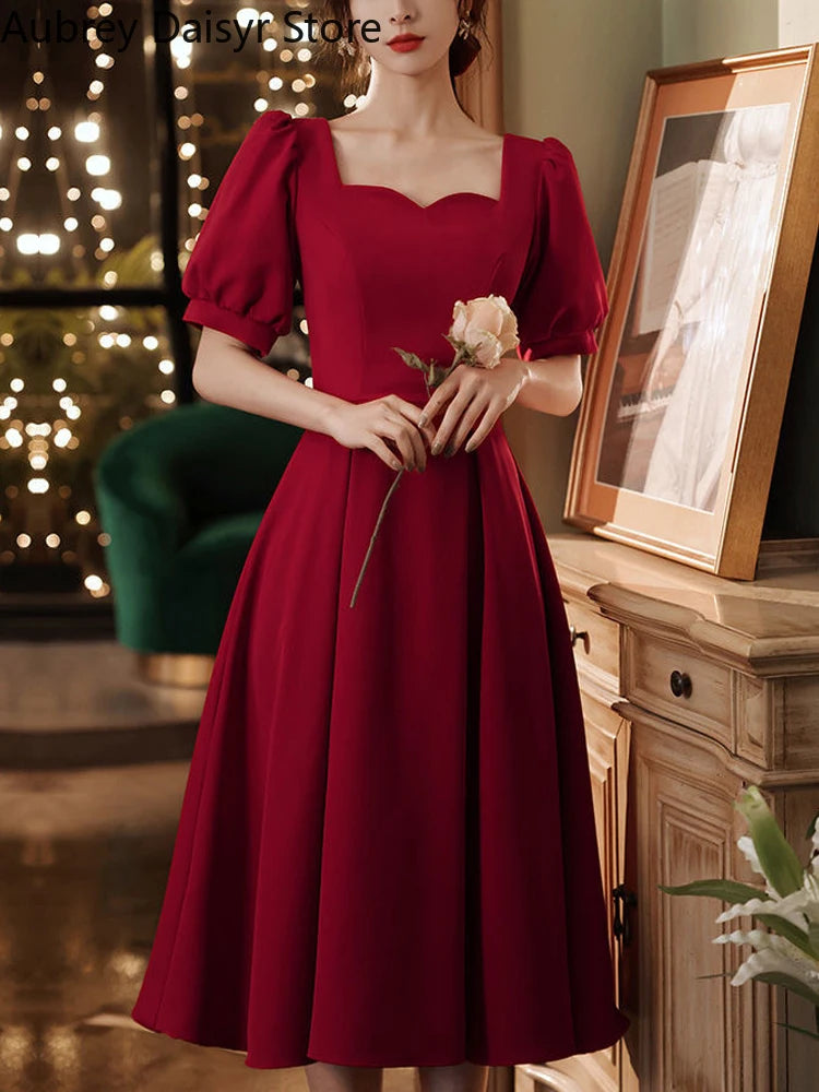 Elegant Red Midi Dress Women Summer Korean Vintage Evening Party Dress French Casual Fashion Formal Occasions One Piece Dress