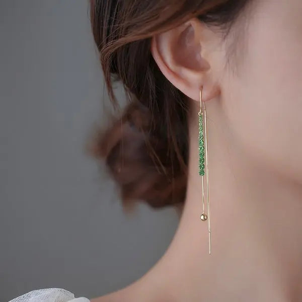 Gold Plated Crystal Leaf Tassel Drop Earrings for Women