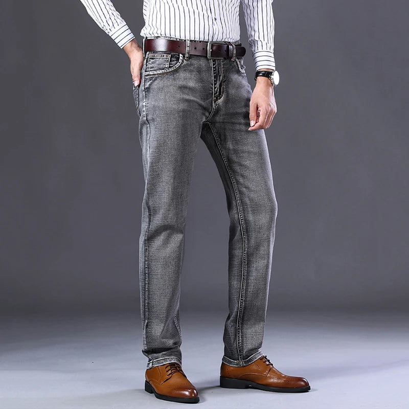 2025 New Men's Stretch Regular Fit Jeans Business Casual Classic Style Fashion Denim Trousers Male Black Blue Gray Pants