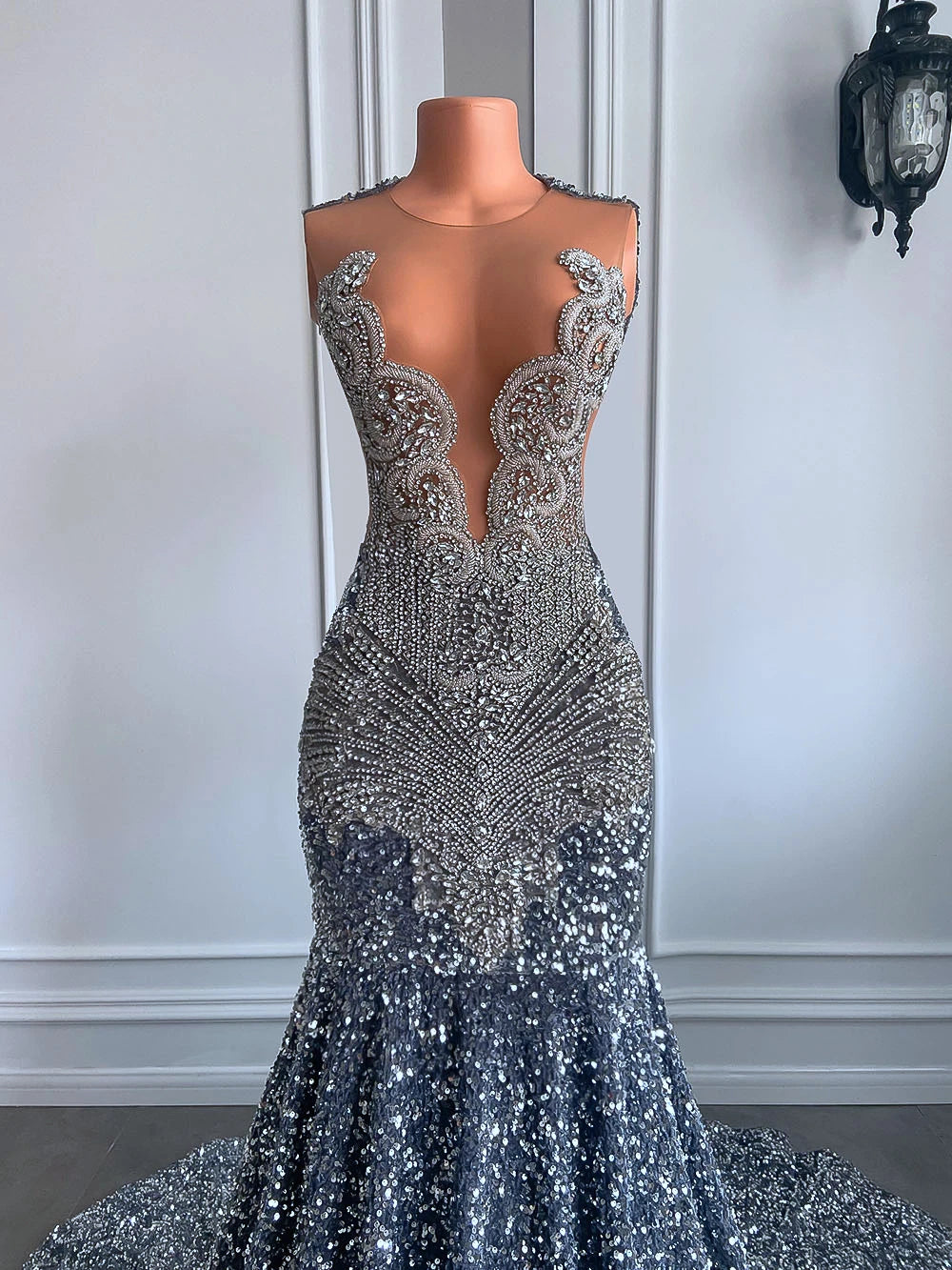 Sexy Long Sparkly Prom Dresses 2025 Sheer O-neck Luxury Silver Crystals Diamond Sequin Mermaid Black Girl Prom Party Gowns