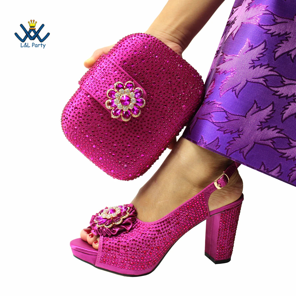 Peep Toe Spring Autumn Lady Shoes and Bag Set in Gold Color