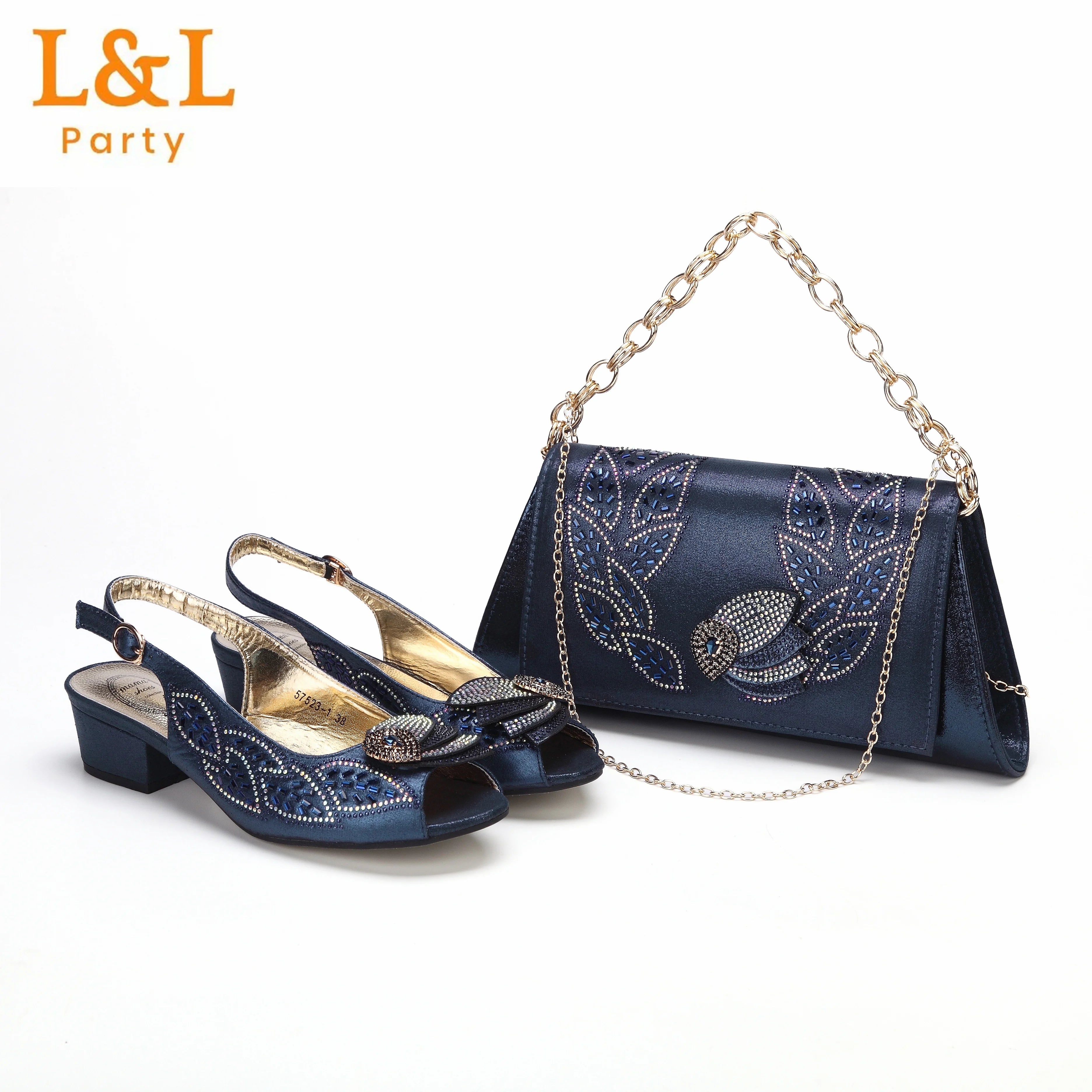 Low Heels Pumps Matching Hand Bag in Champagne Color High Quality for Wedding