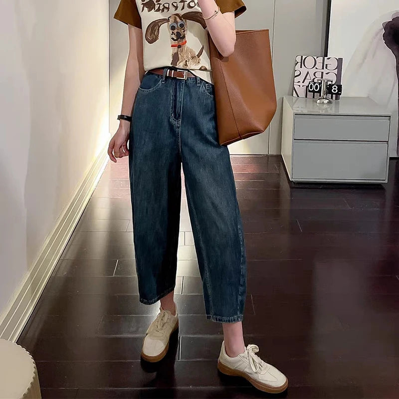 2024 Spring/summer High Waist Jeans for Women Blue Washed Casual Pants Korean Minimalist Patchwork Jeans Women's Clothing