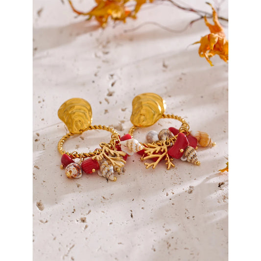 Ocean Holiday Red Natural Stone Shell Dangle Earrings