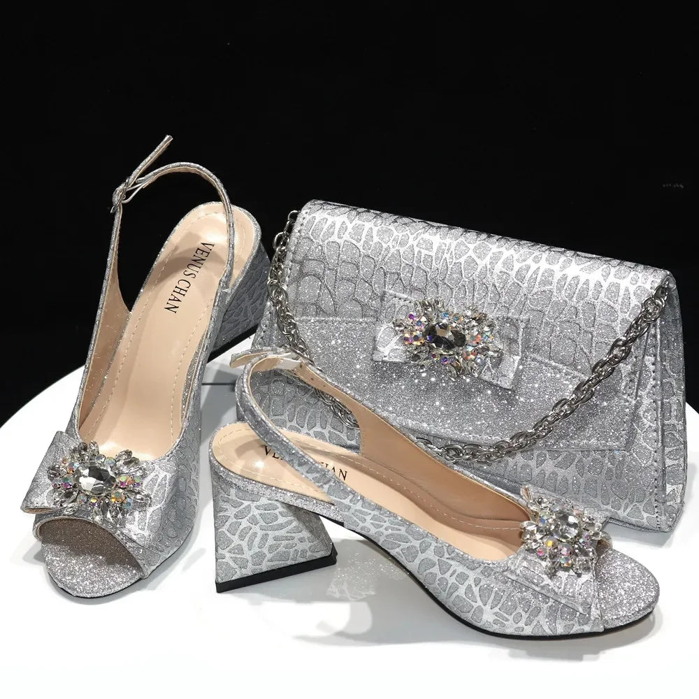 Ladies Sandals Butterfly Design High Heels Shoes and Bag Set