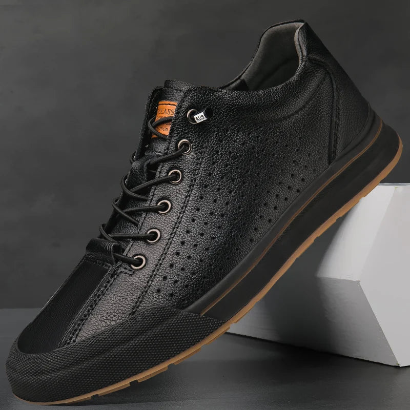 New Men's Leather Breathable Casual Shoe  Outdoor Perforated Laced Flat Shoe  Lightweight  Soft -Soled Comfortable Walking Shoes