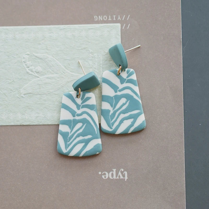 Floral Leaf Zebra Pattern Dangle Pendant Clay Earrings