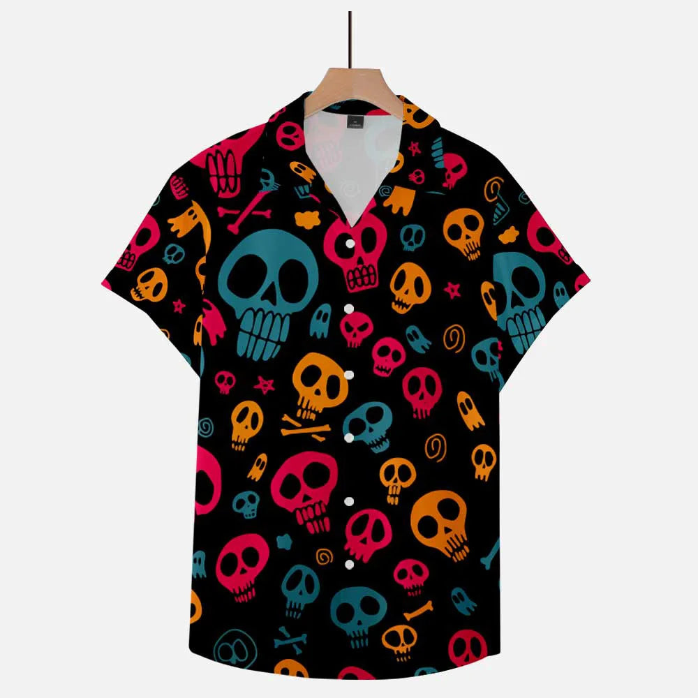2024 Men's Summer Casual Short Sleeve Shirts Halloween Skull 3d Print Hip Hop Plus Size