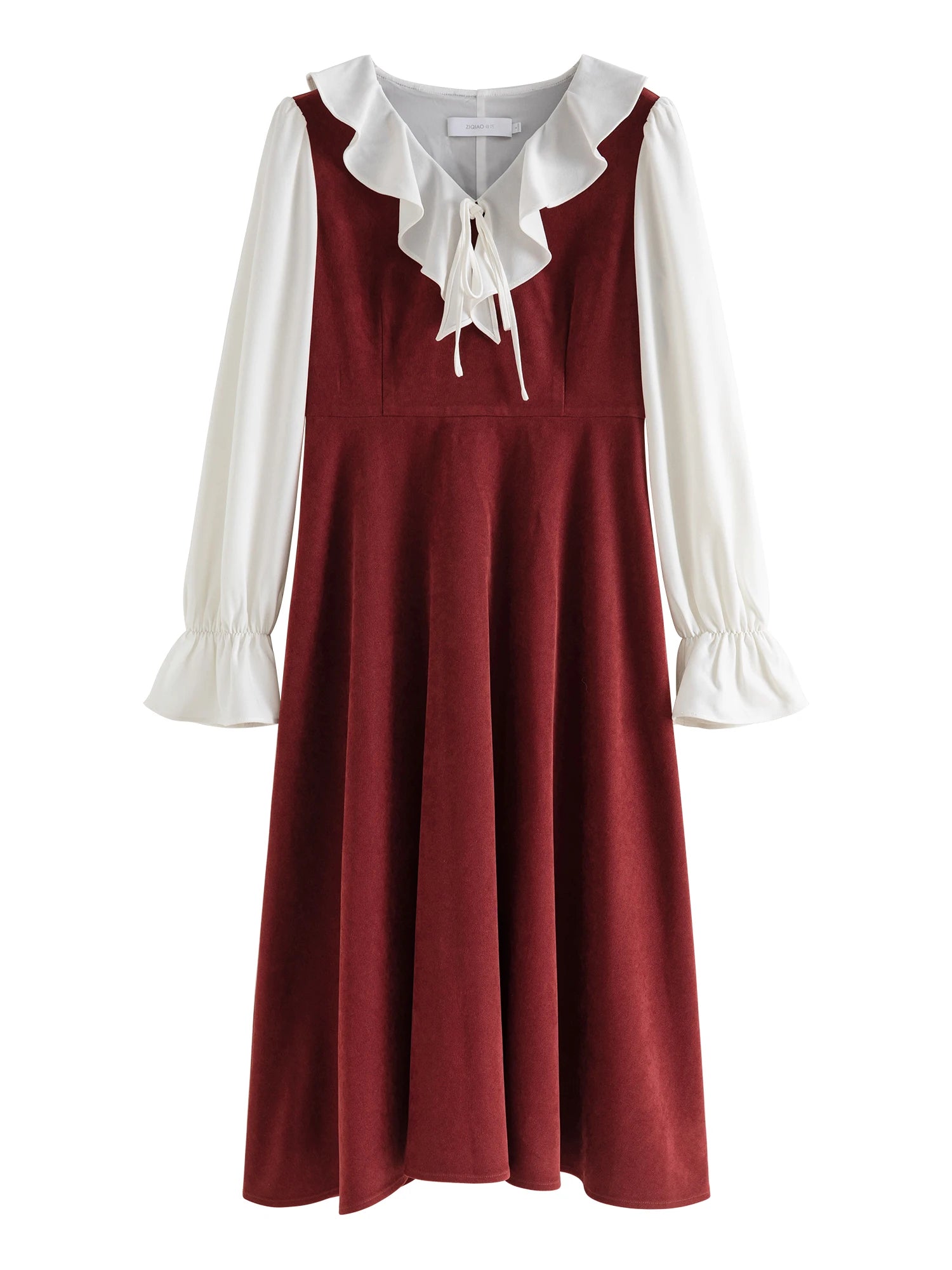 ZIQIAO French Retro Style Red Dress For Women 2023 Autumn Winter New Design Slim Corduroy Mid-length Casual Dress 23ZQ94453