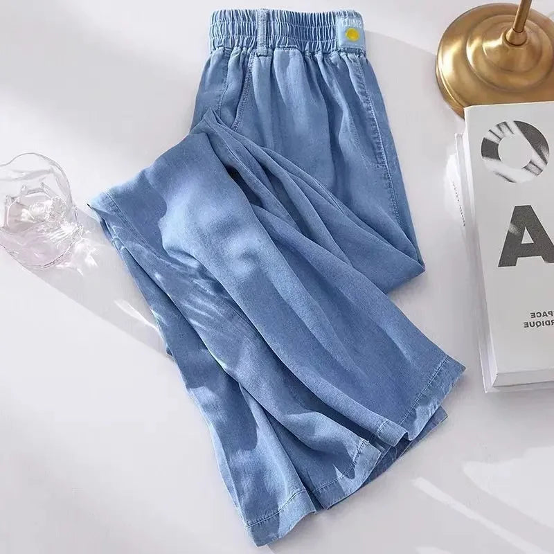 Loose Fit Ice Silk Denim Casual Pants Women's Summer Trendy Brand Thin Wide Leg Pants High Waist Wide Leg Jeans
