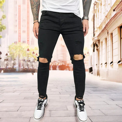 Men Jeans Knee Hole Skinny Jeans Stretch Cotton Solid Color Pants