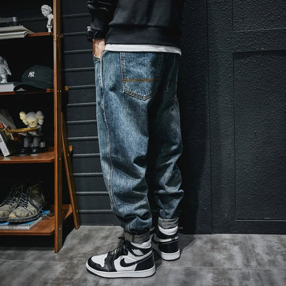 Fashion Streetwear Men Jeans Retro Blue Casual Denim Cargo Pants