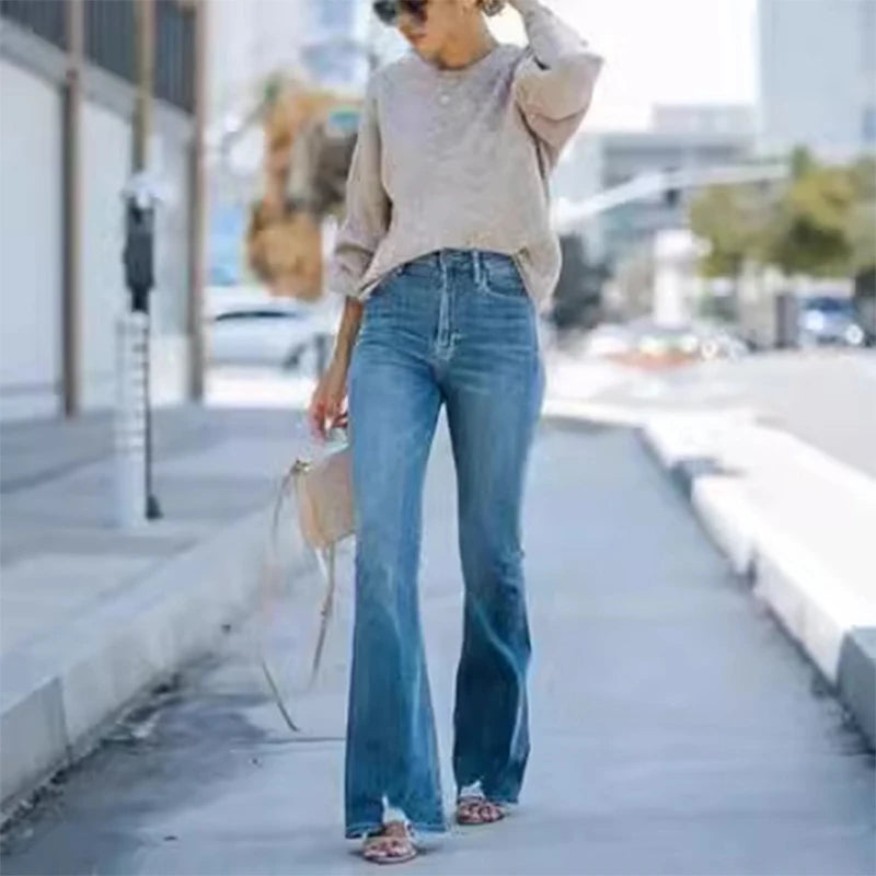 Denim Pants with Pocket Women Vintage Midi Waist Zipper Full Length Trouser Female Do Old Washed Bottom Plus Size Wide Leg Pant