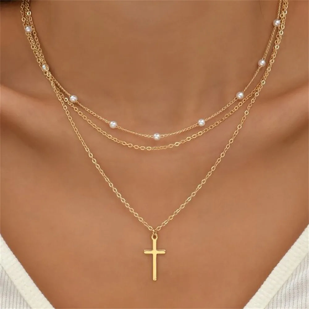 Vintage Layered Metal Bar Pendant Necklace for Women
