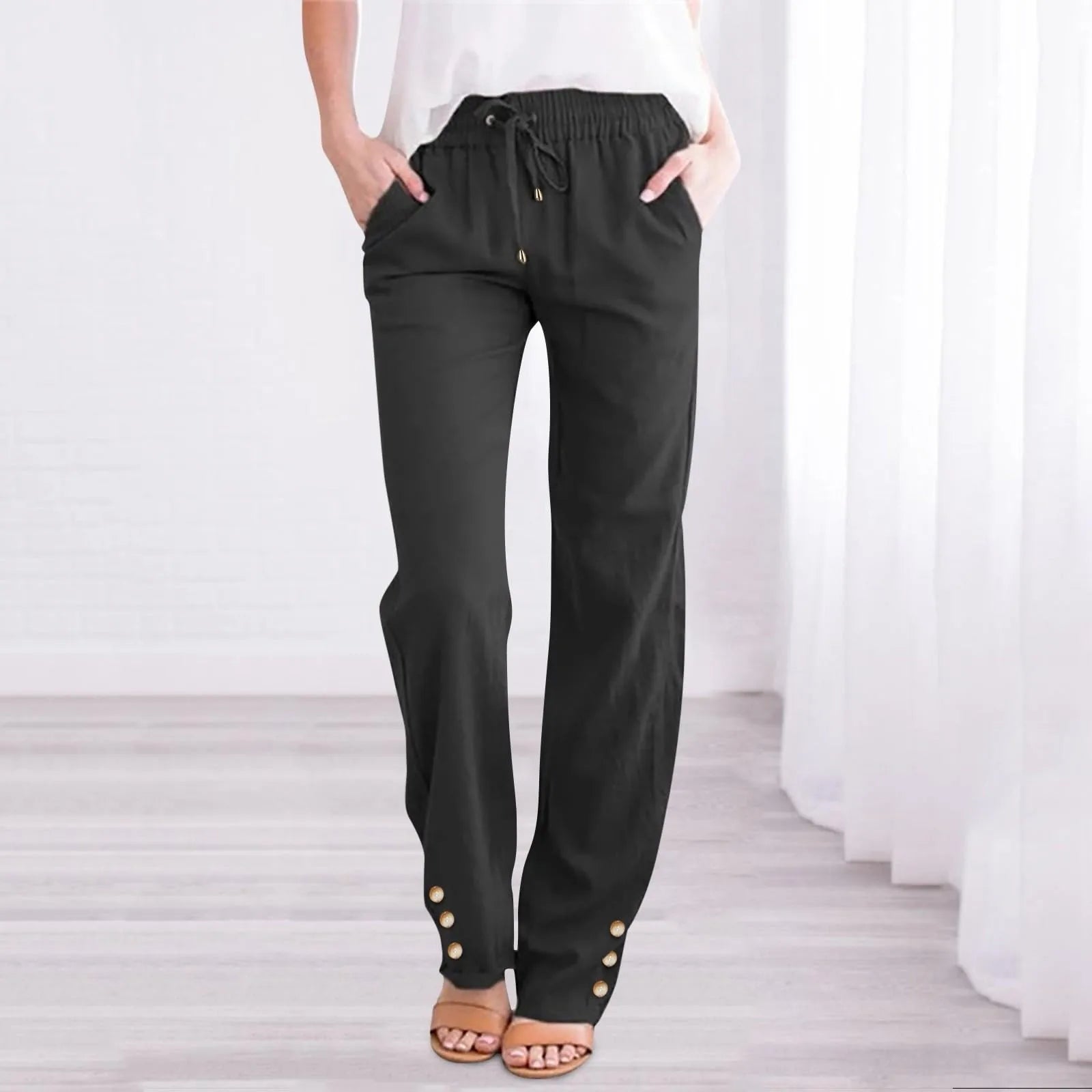 Women'S Fashionable Pants Casual Summer New Straight Trousers Solid Color Casual Slim-Fit With Pockets Buttoned Daily Pants