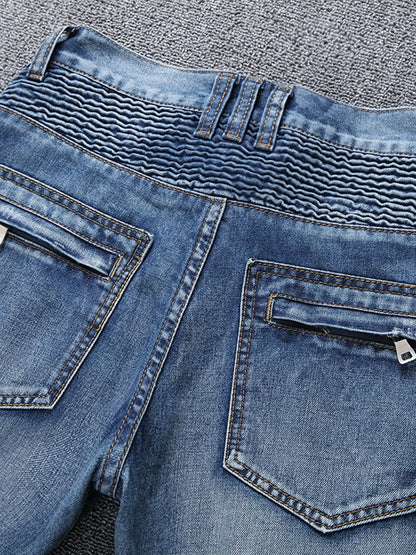 Men Casual Biker Denim Jeans Stretch Pants Solid Regular Fit Jeans