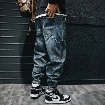 Fashion Streetwear Men Jeans Retro Blue Casual Denim Cargo Pants