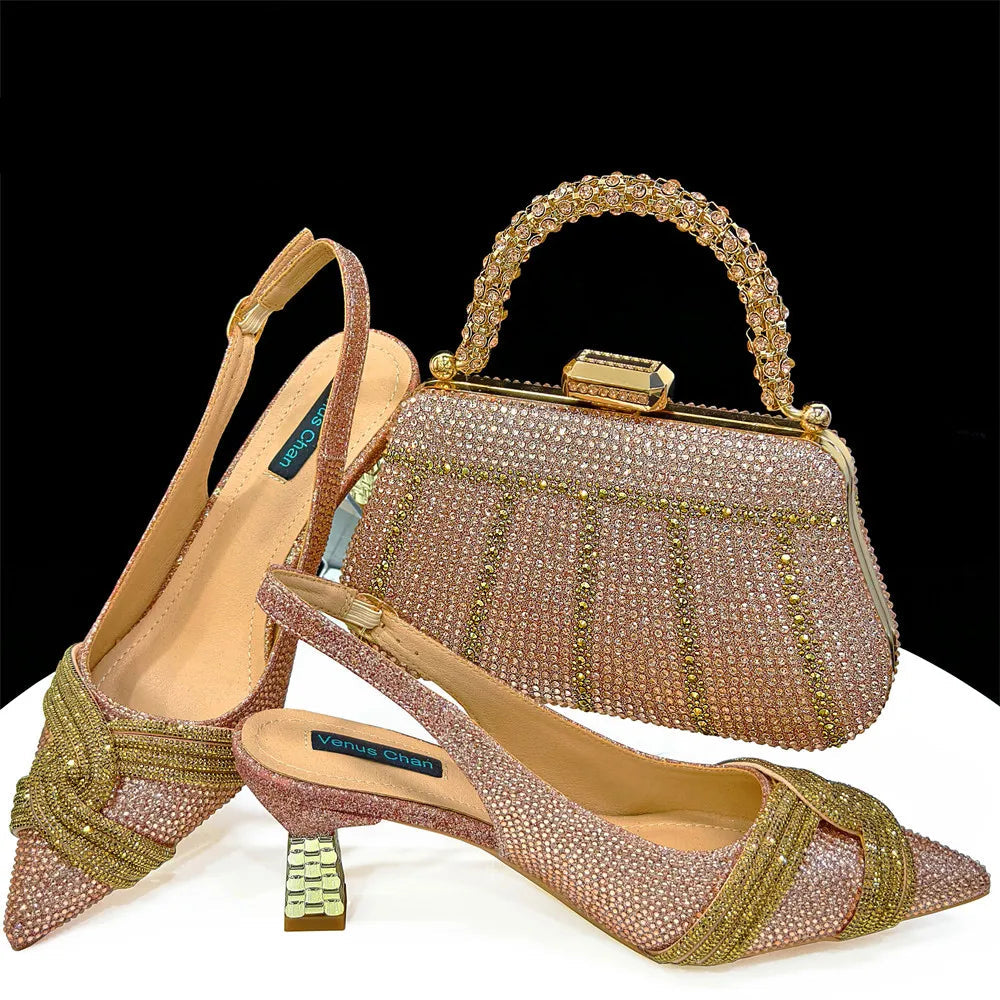 Women Shoes and Bag Set Champagne Color Rhinestone Handbag