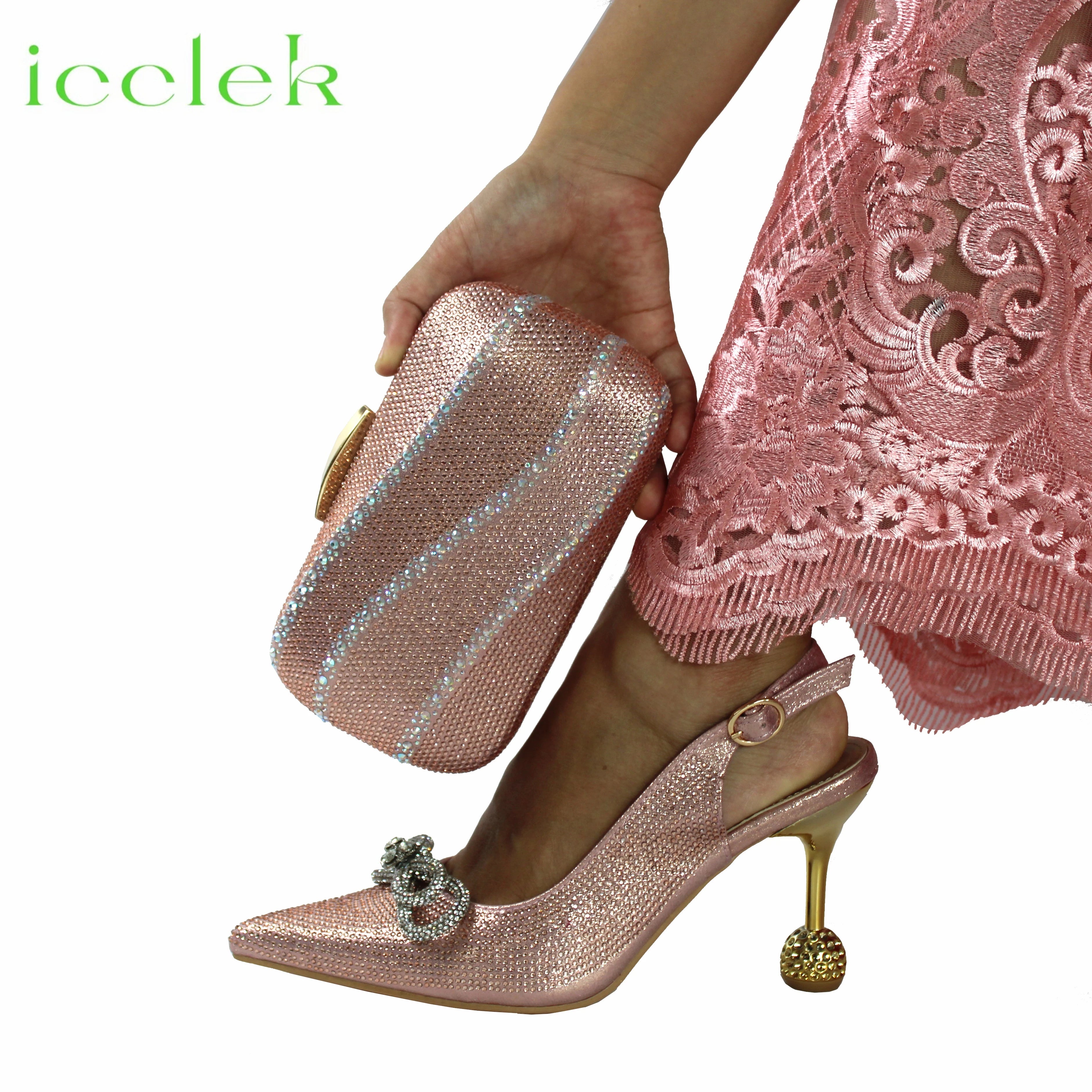 Wine Color Crystal Decoration Style Round Heels Friends Party Sandals and Bags