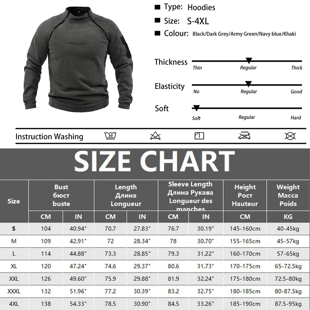 Men's Tactical Hoodies Military Outdoor Pullover Long Sleeve Zippers Pullove Fleece Windproof Thermal for Hiking Camping Army