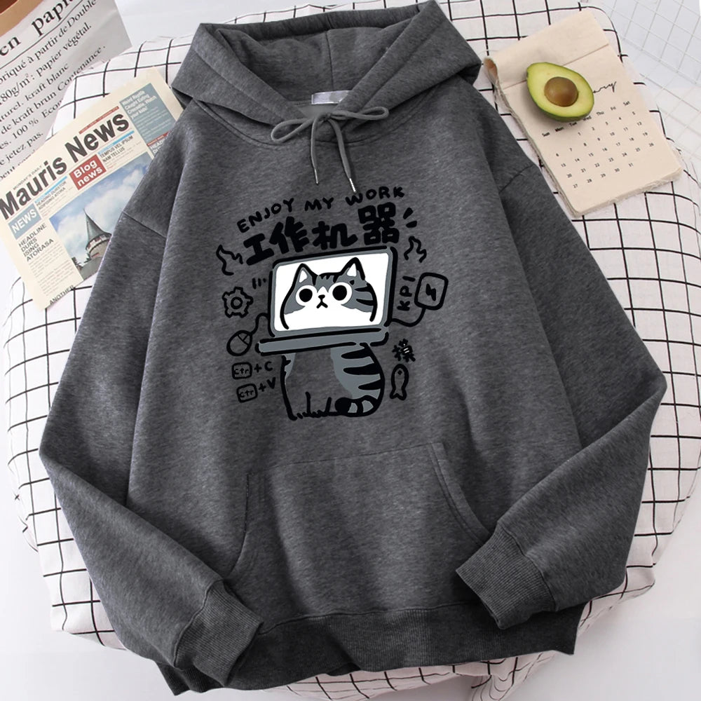 Cartoon Cat Is An Abstract Work Machine Mans Sweatshirt Comfort Sweatshirts Leisure Outdoor Pullover Youth Popular Clothes