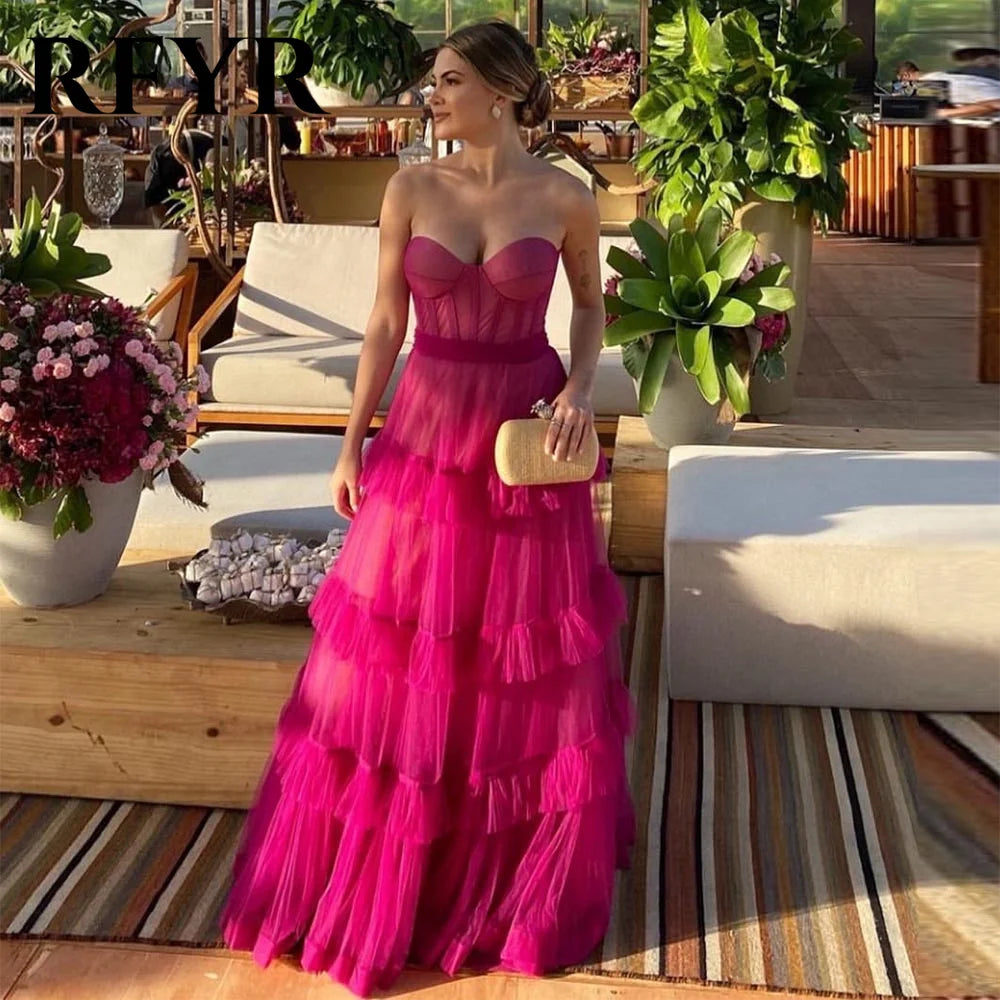 RFYR Fuschia Tiered Ruffles Tulle Prom Dresses Sweetheart Sleeveless Pleat Ruched Saudi Arabic Evening Party Gown Customized