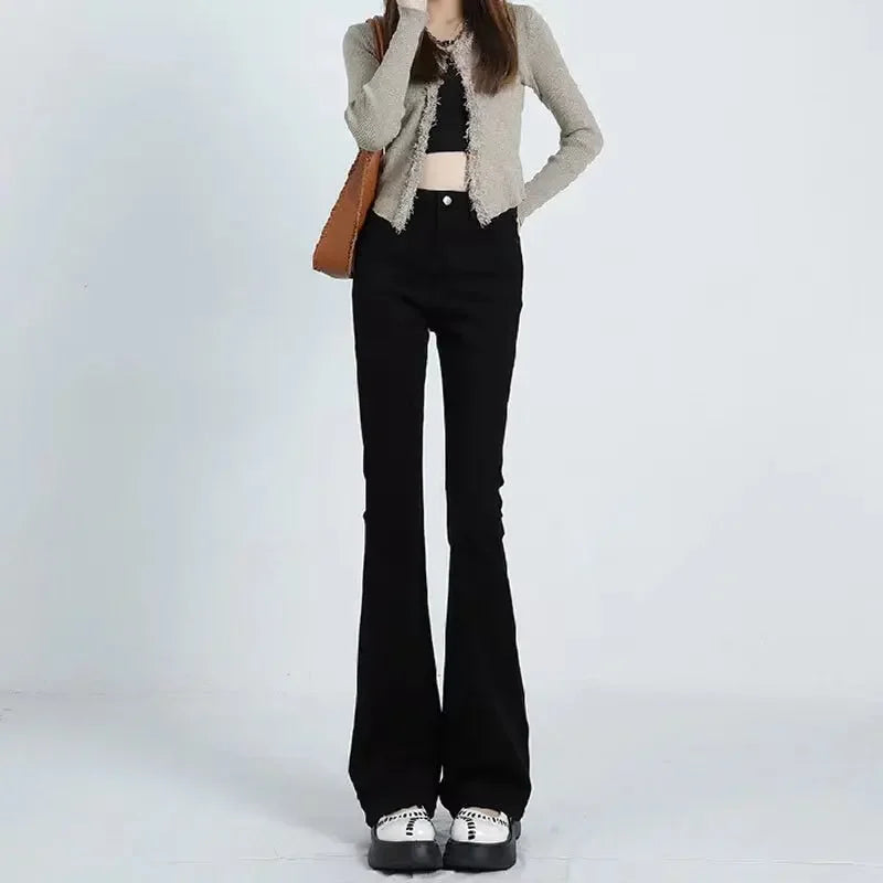 Black High-waisted Slimming Jeans Women's Autumn Winter Petite Bell-bottom Pants Trendy Vintage Horse Leggings Smooth Silhouette