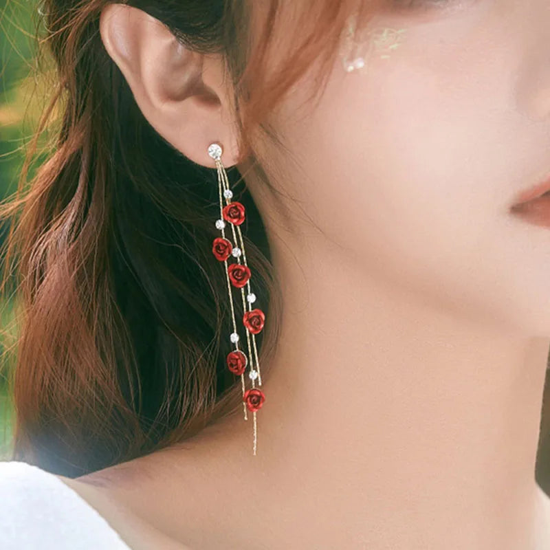 Rose Flower Long Tassel Dangle Earrings For Women