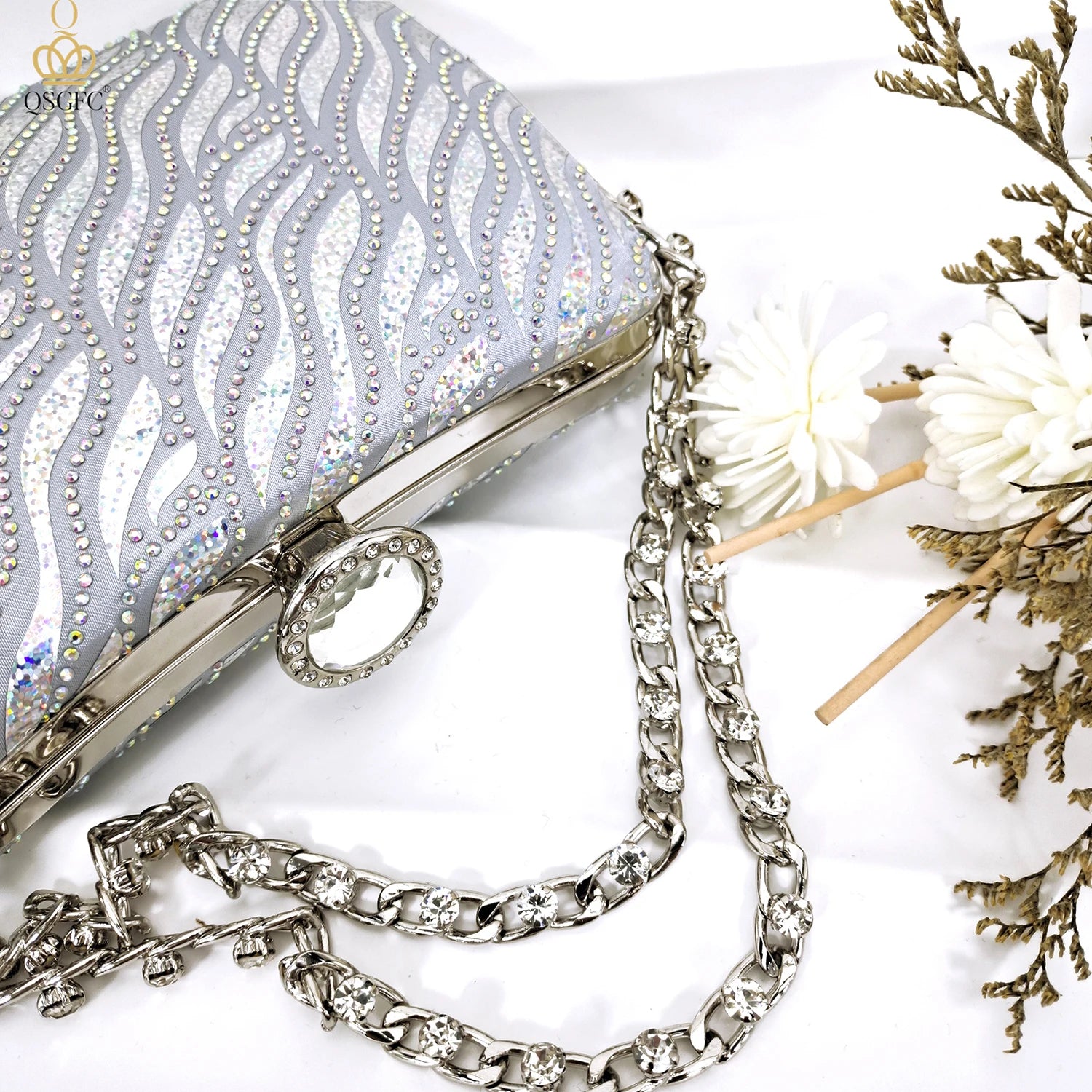 Ladies Heel and Bag Set Full Diamond Fashion Silver Color Pumps