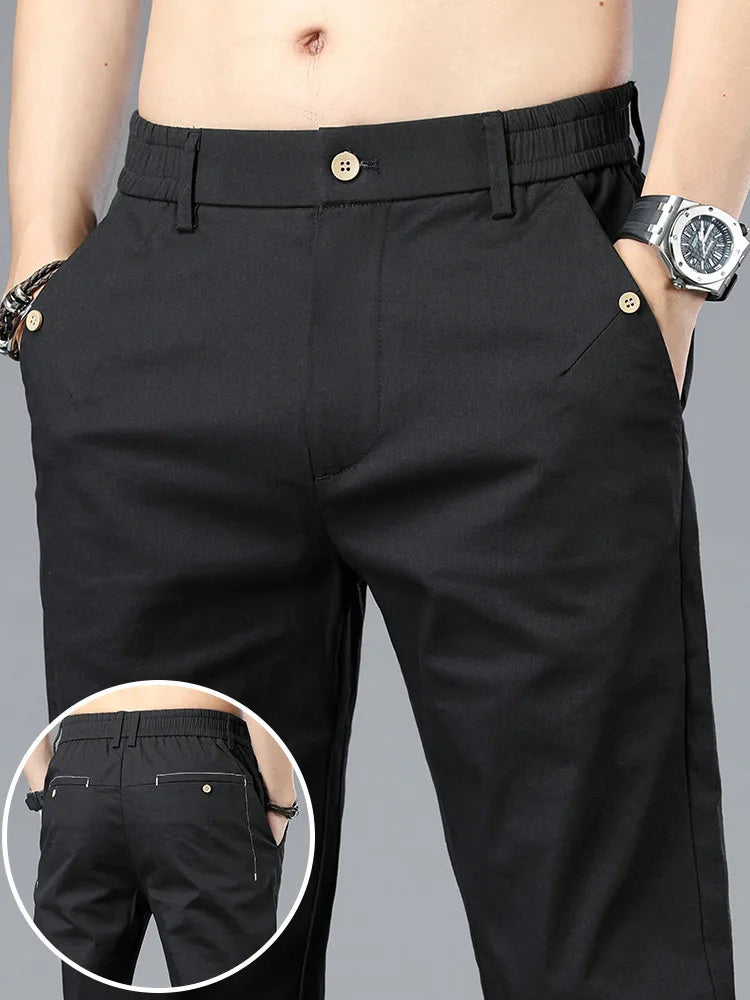 Brand Clothing Men's Casual Pants 98% Cotton Thin Business Straight Slim Fit Classic Trousers Stretch Spring Summer Male Pants