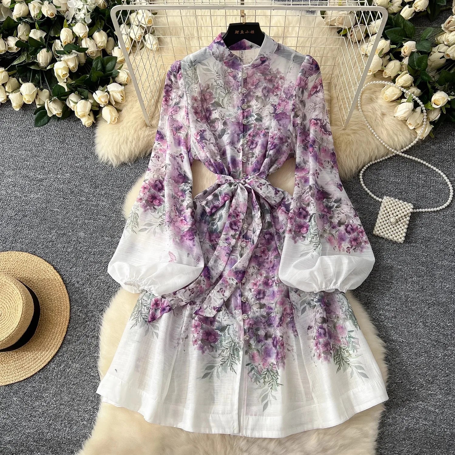 Spring Holiday Gorgeous Flower Organza Dress Lantern Long Sleeve