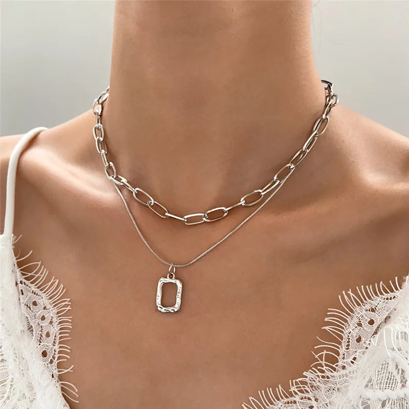 Black Square Pendant Double Layer Necklaces for Women