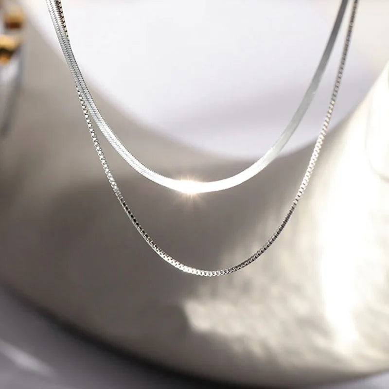 Silver Double Layer Box Chain Snake Clavicle Chain Necklace