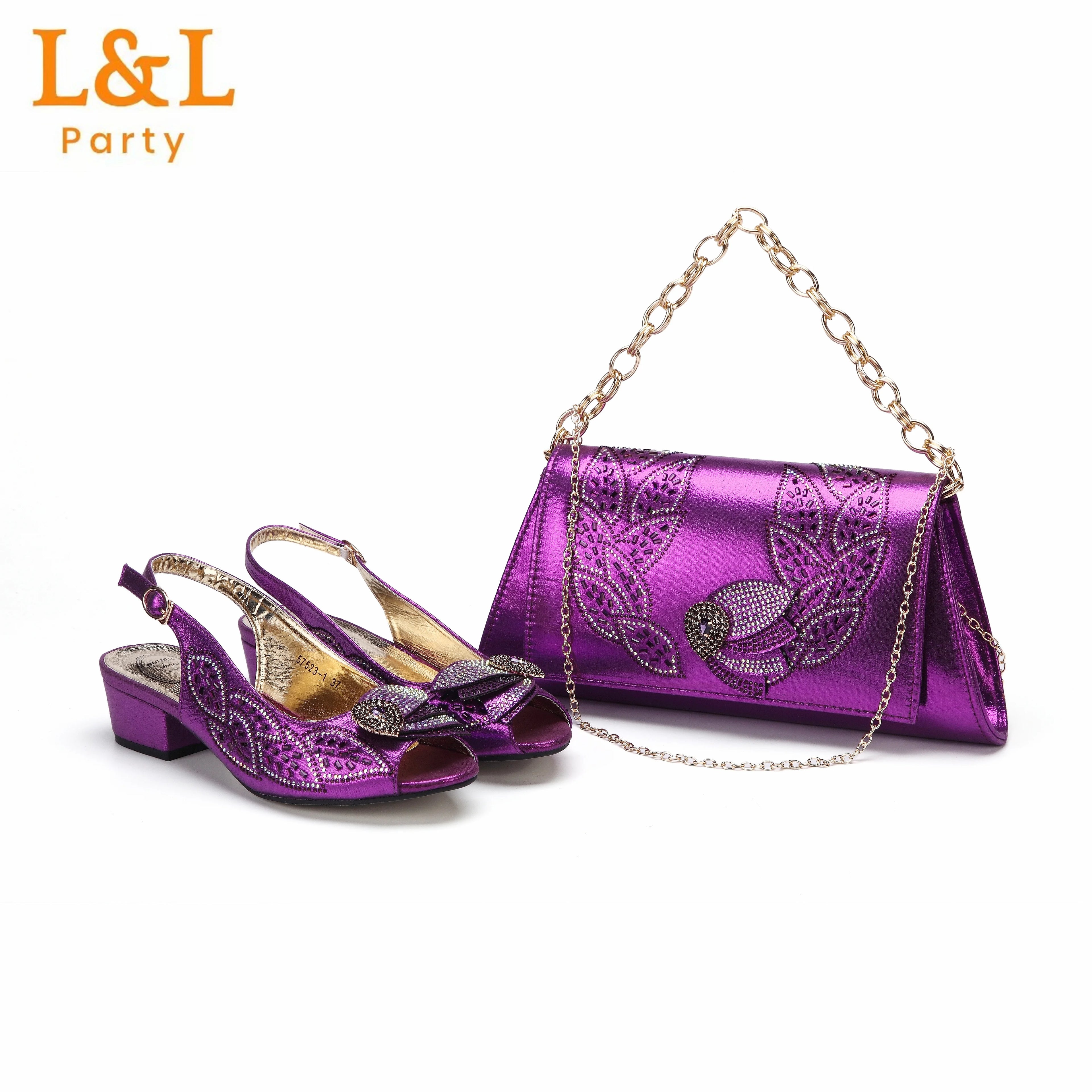 Low Heels Pumps Matching Hand Bag in Champagne Color High Quality for Wedding