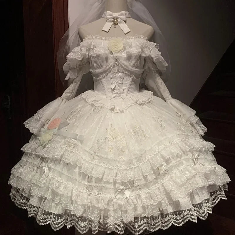 Haute Sense Heavy Industry Lolita Dress Female Sweet Off-Shoulder Lace Stitching Multi-Layer Dresses Birthday Dress for Women