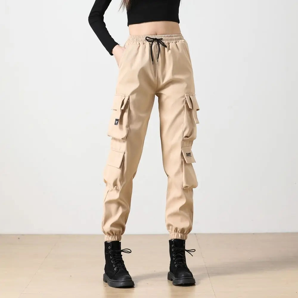 High Street Hip Hop Cargo Pants Women Solid Pocket Elastic High Waist