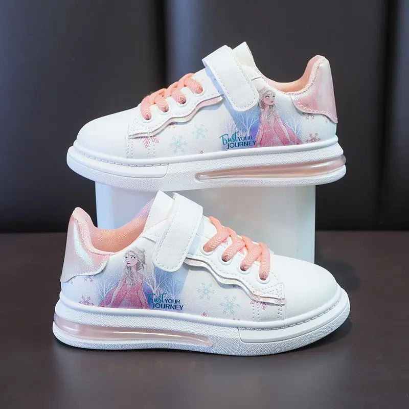 Disney Girls' White Shoes PU Leather Cartoon Princess Elsa Frozen Shoes Spring Girl Baby Waterproof Sports Shoes Flats Size 26-3
