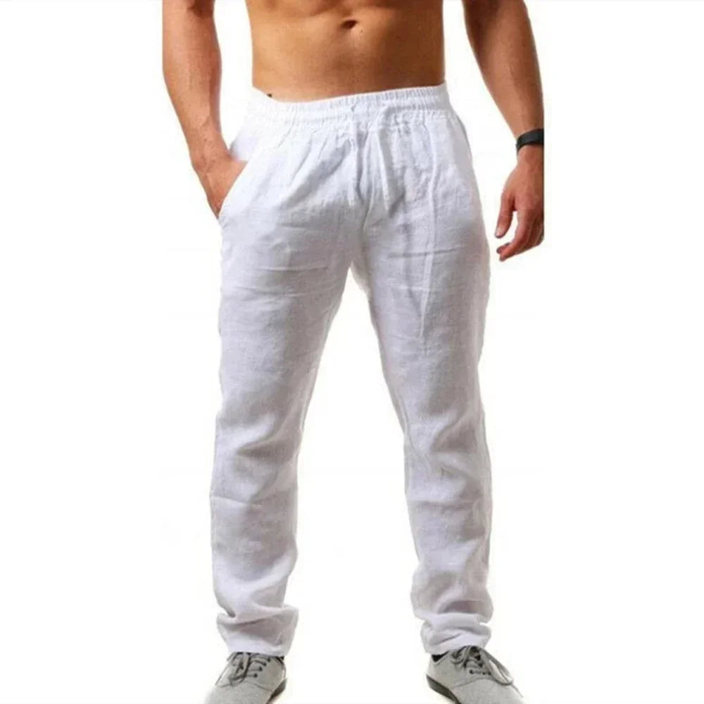 Men's Linen Pants Cotton Linen Long Pants Summer Casual Loose Drawstring