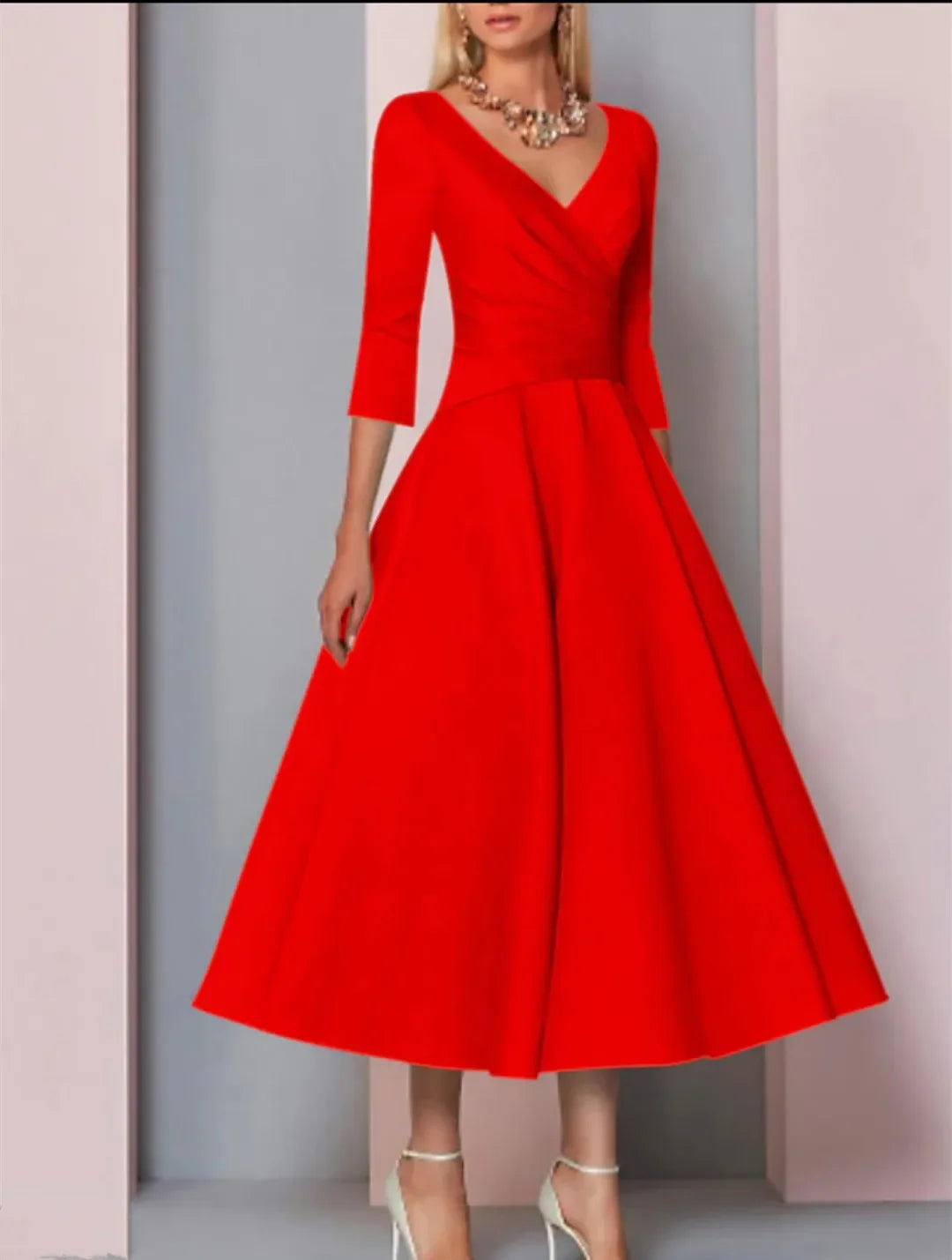 Evening Dress Women Elegant Sexy Satin Deep V-neck 3/4 Sleeves