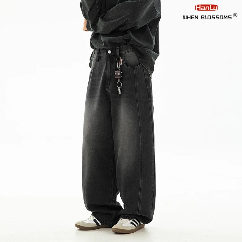HANLU 2025 Spring New! Men's Retro Washed Oversized Jeans, Split Structure Curved Trousers from Trendy Brand, Loose and Stylish