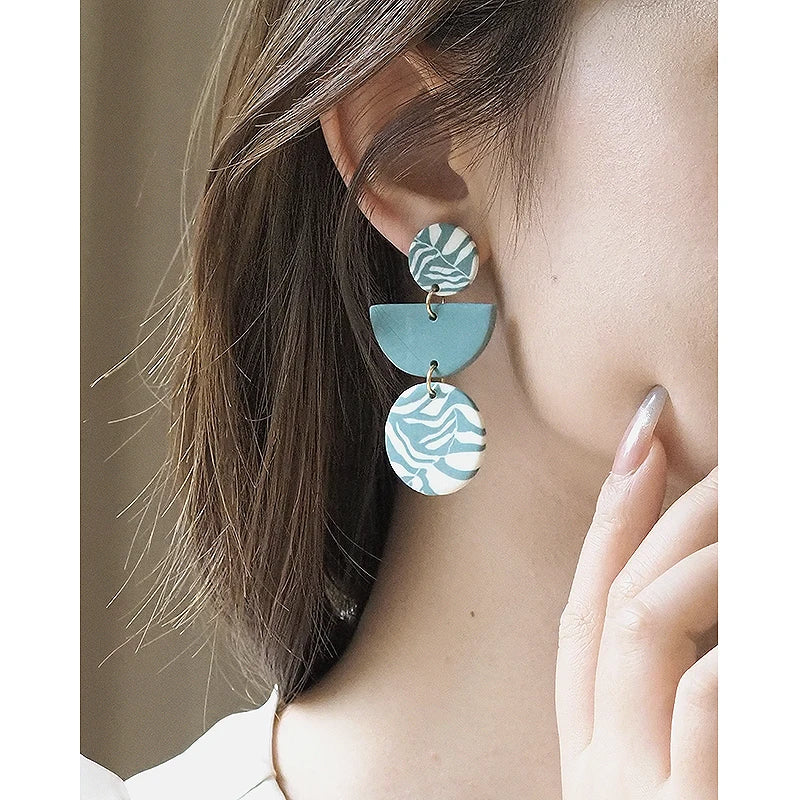 Floral Leaf Zebra Pattern Dangle Pendant Clay Earrings