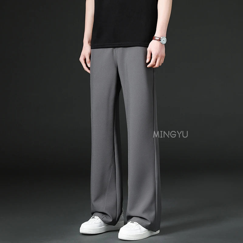 Brand Clothing Summer Smooth Flare Pants Men Business Elastic Waist Suit Flared Trousers Male Korean Work Office Plus Size S-4XL