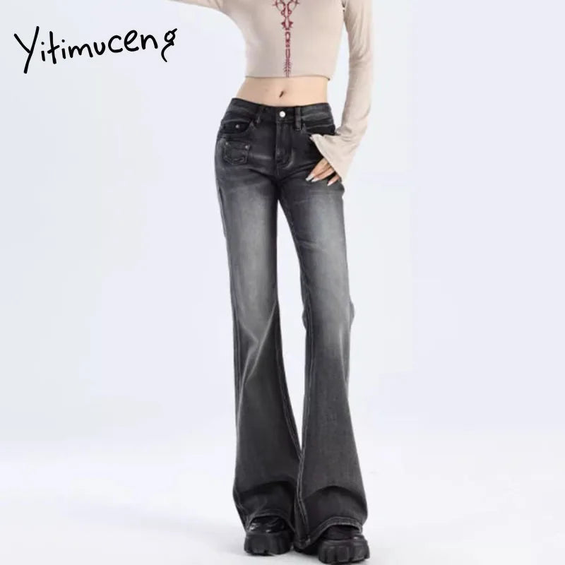 Yitimuceng Vintage Y2K Flared Jeans Women Korean Button-Up Low Rise Casual Denim Pants Female Elastic Slim Fit Jean Trousers